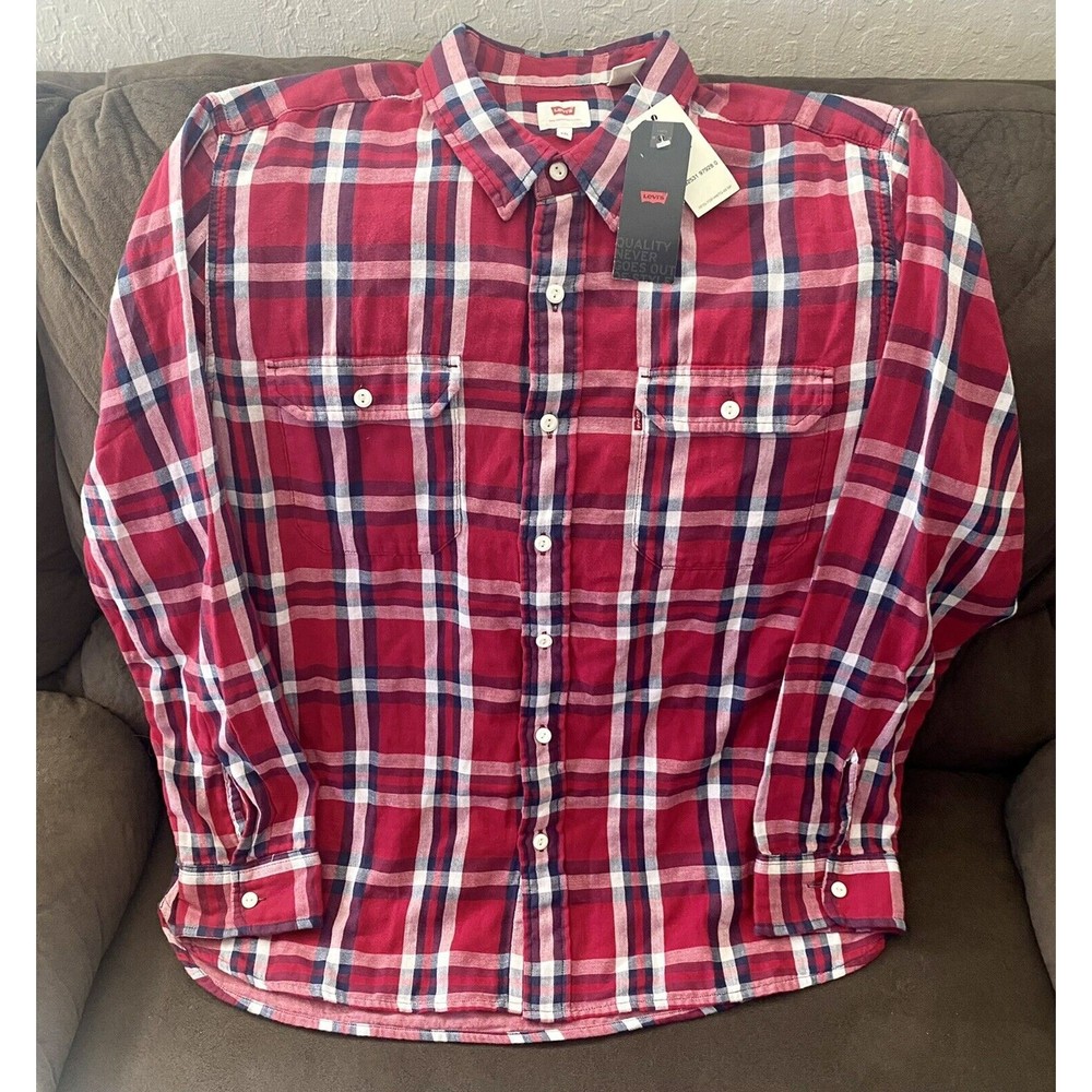 Levis Men's XXL Red Plaid Button Up Shirt Long Sleeve 2 Pockets 19587-0099 NWT